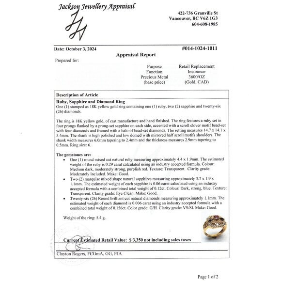 Vintage 18kt Yellow Gold Diamond Ring, Ruby and Sapphire, SZ 6, Appraised $3350 - Picture 11 of 11